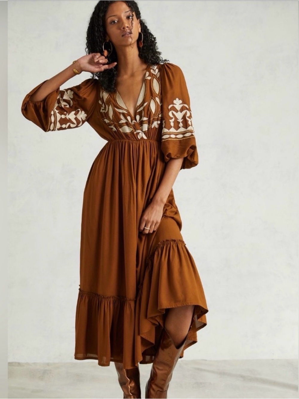 Anthropologie Rust Brown Embroidered Open Back Maxi Dress